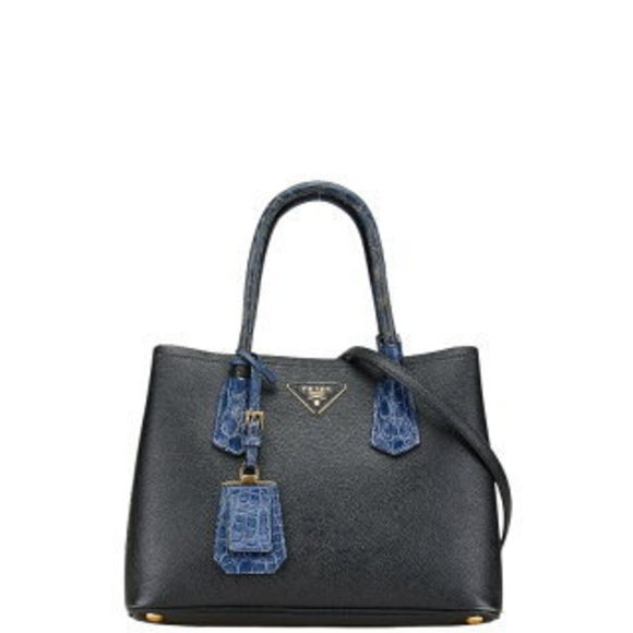 Prada Doubre Triangle Logo Plate Shoulder Bag Black Navy Blue Crocodile - Picture 2 of 10